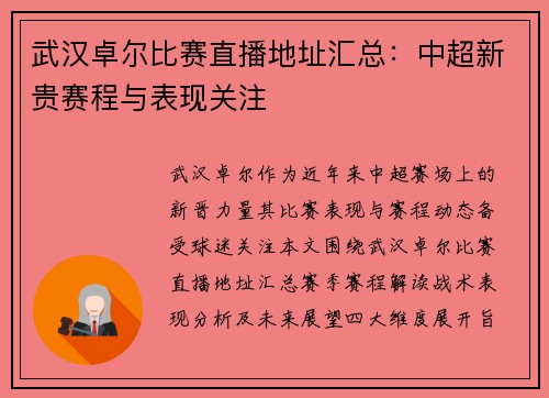 武汉卓尔比赛直播地址汇总：中超新贵赛程与表现关注