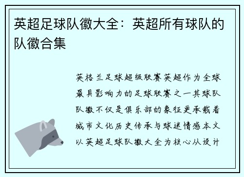 英超足球队徽大全：英超所有球队的队徽合集