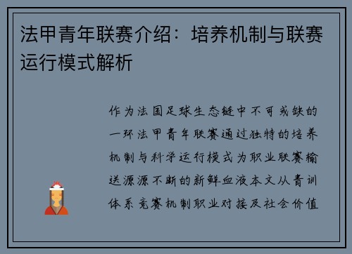 法甲青年联赛介绍：培养机制与联赛运行模式解析